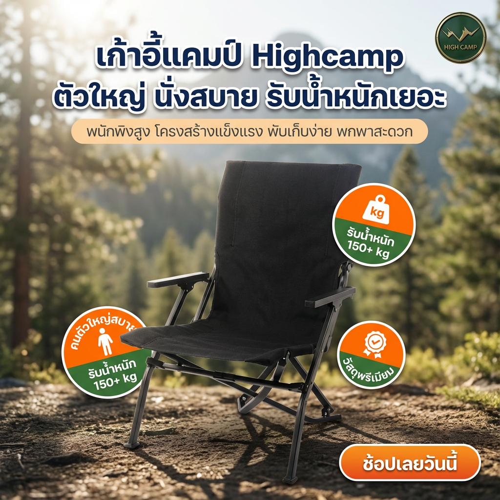 เก้าอี้แคมป์ Highcamp ตัวใหญ่พิเศษ! นั่งสบาย คลายร้อน ชิลล์ทุกทริปแคมป์ปิ้ง