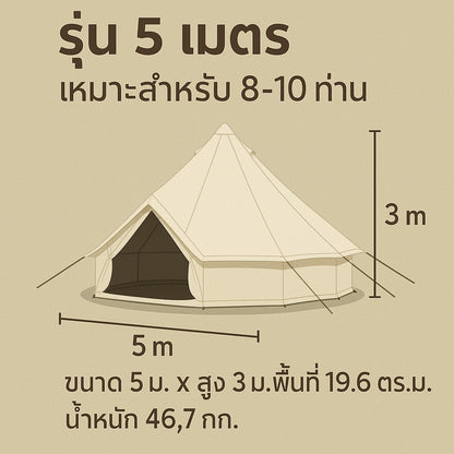 เต็นท์กระโจมสีขาวครีม ไม่มีเสากลาง พื้นที่โล่ง ใช้งานสะดวก ตั้งเตียง/เฟอร์นิเจอร์ได้