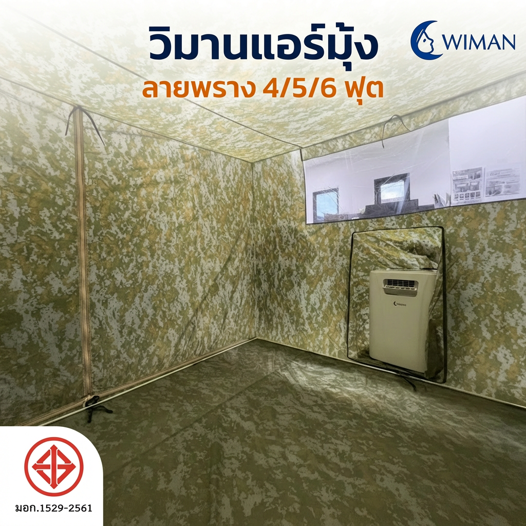 ชุดแอร์ WIMAN 12000 BTU + มุ้งแอร์ลายพราง 4/5/6 ฟุต เย็นเร็ว ประหยัดไฟ มอก. | วิมานแอร์
