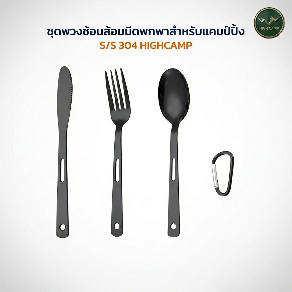 ชุดช้อนส้อมมีด Highcamp สเตนเลส 3 ชิ้น แคมป์ปิ้ง พกพาง่าย ทนทาน
