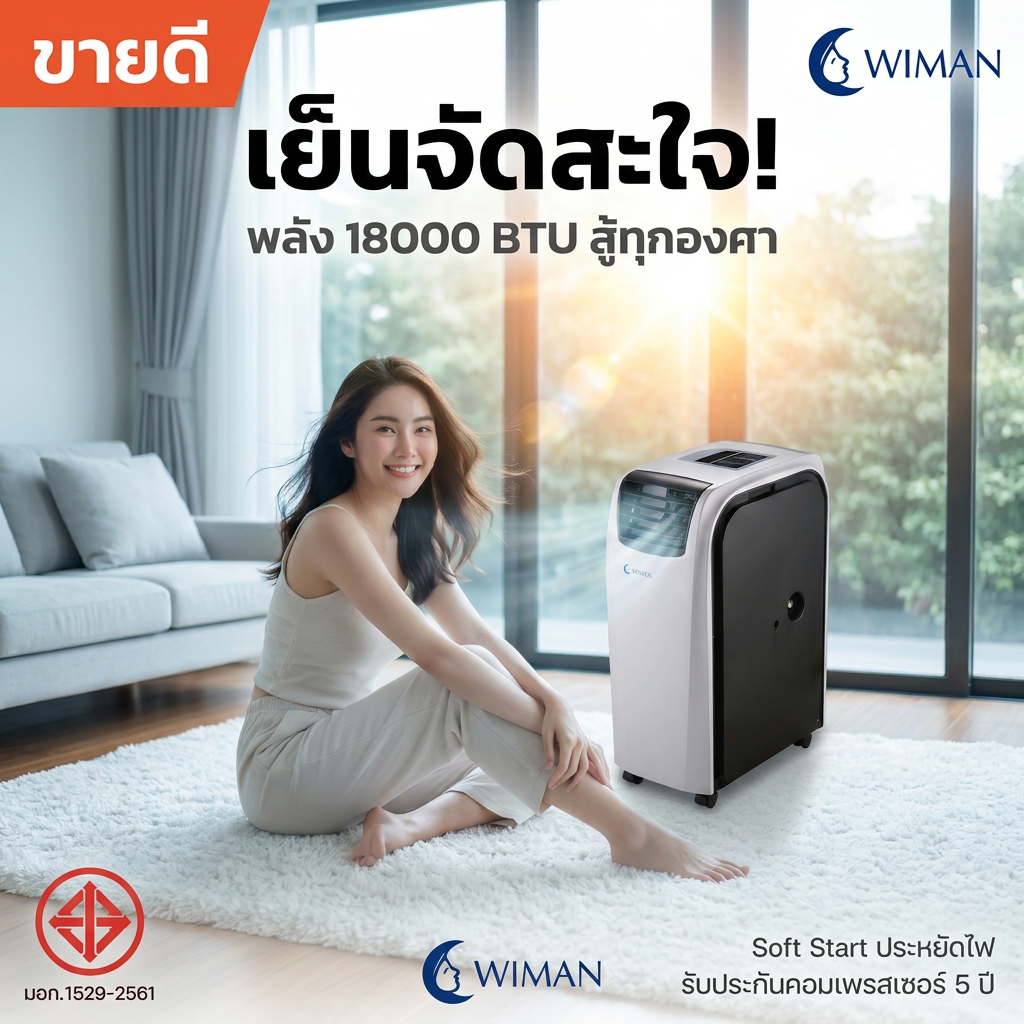 แอร์เคลื่อนที่ WIMAN AIR 18000 BTU รุ่น PC50-AM1E Soft Start เย็นเร็ว ครอบคลุมพื้นที่