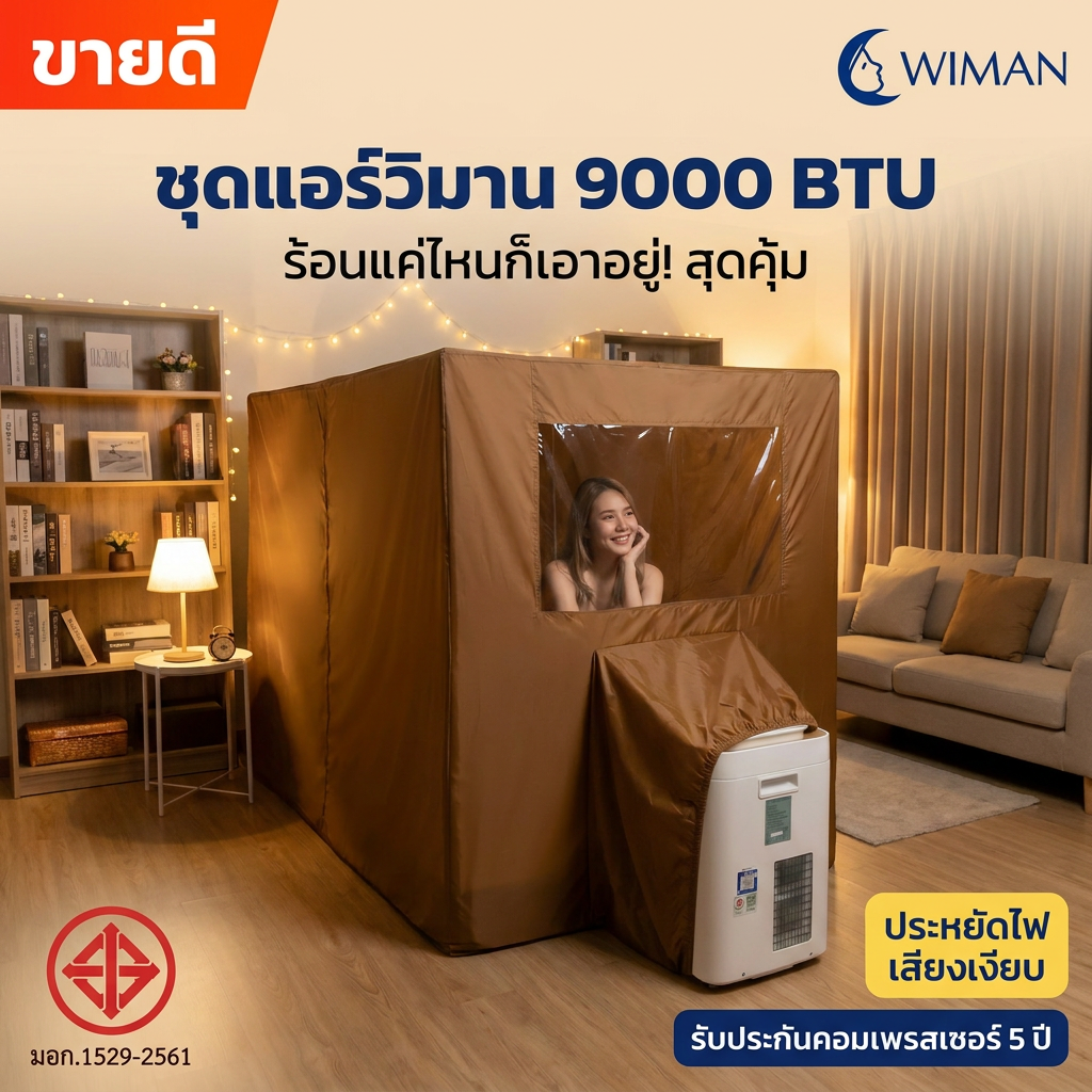 แอร์เคลื่อนที่ WIMAN AIR 9000 BTU + มุ้งแอร์สีน้ำตาล (4/5/6 ฟุต) เย็นเร็ว ประหยัดไฟ มอก.แท้