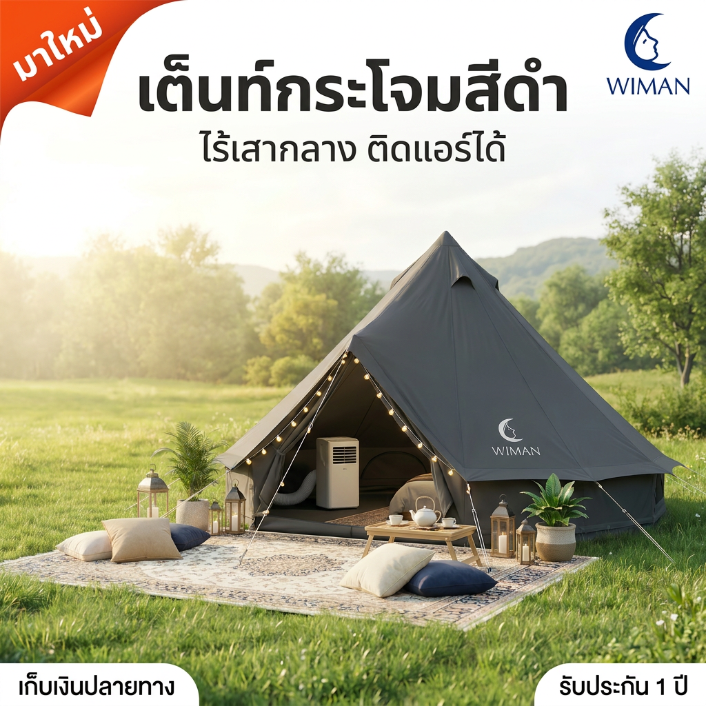 เต็นท์กระโจม WIMAN AIR สีดำ 3/4/5M กันน้ำ ไร้เสากลาง Glamping