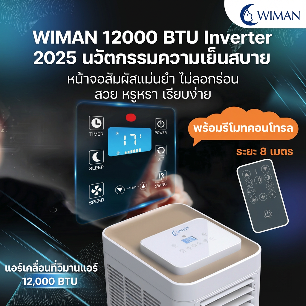 แอร์เคลื่อนที่ 12000 บีทียู กำลังสูง เหมาะห้องขนาดกลาง 20‑30 ตร.ม. ติดตั้งง่ายไม่ต้องเจาะผนัง ราคาพิเศษ มาตรฐาน - วิมานแอร์ Wiman Air [wimanair_Wimanairเย็นฉ่ำ12000BTUInverterประหยัดพลังงานเย็นเร็วทันใจพกพาสะดวก_25]