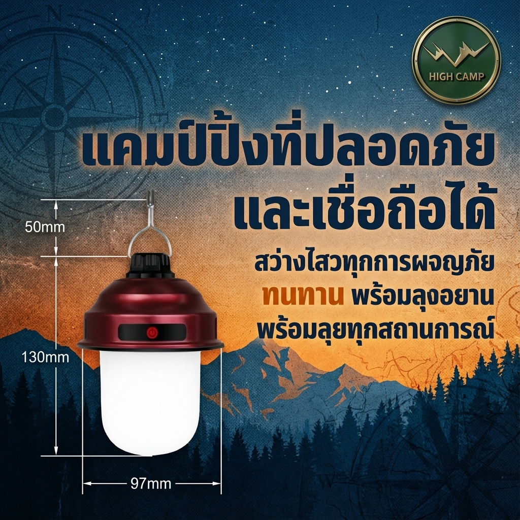 Hi CampX โคมไฟแคมป์ LED แบบแขวน ปรับความสว่างได้ 3 ระดับ แบตเตอรี่ทนนาน 10-20 ชั่วโมง มาตรฐาน ทนทาน - Highcamp [Highcamp_ผจญภัยไร้ขีดจำกัดอุปกรณ์แคมป์ปิ้งคุณภาพสูงทนทานทุกสภาพอากาศ_25]