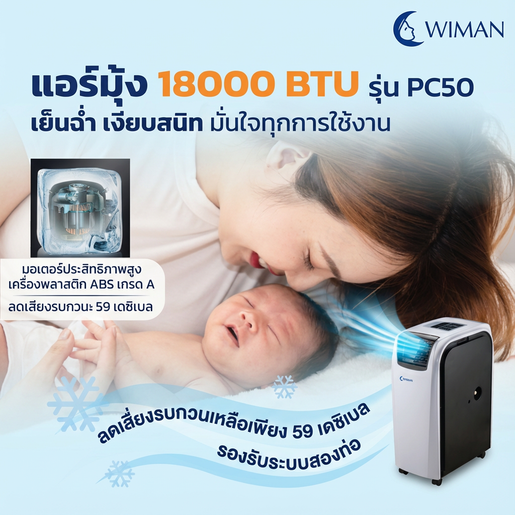 แอร์เคลื่อนที่ 18000 บีทียู สำหรับพื้นที่ 30‑40 ตร.ม. เย็นแรง ใช้งานต่อเนื่อง มาตรฐานความปลอดภัย คุณภาพสูง ราคาพิเศษ - วิมานแอร์ Wiman Air [wimanair_เย็นฉ่ำทั่วถึง18000BTUประสิทธิภาพเหนือกว่าเพื่อความสบายสูงสุด_25]
