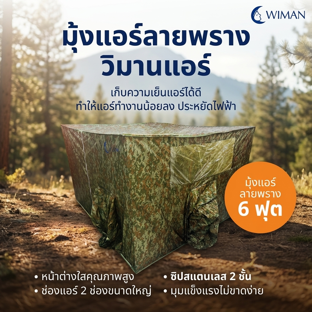 มุ้งแอร์ลายพราง 4/5/6 ฟุต ผ้าดี ระบายอากาศดี ใช้กับแอร์ทุกขนาด สีเข้ากับธรรมชาติและทหาร ทนทาน มาตรฐาน - วิมานแอร์ Wiman Air [wimanair_มุ้งแอร์ลายพราง2lorekeetเย็นสบายทุกการผจญภัยพรางตัวอย่างมีสไตล์_25]