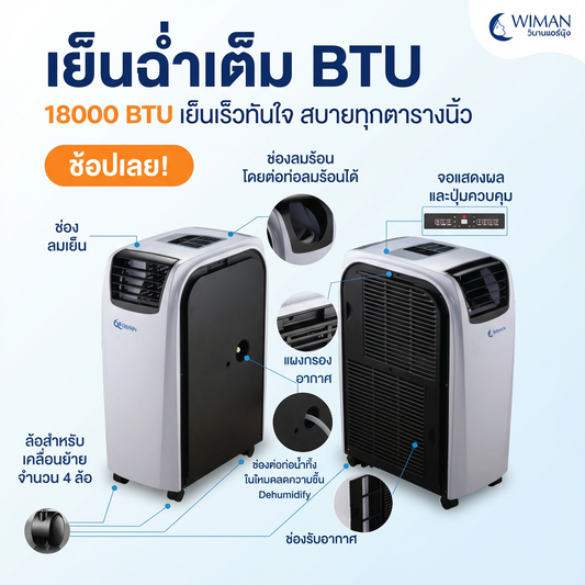 แอร์เคลื่อนที่ 18000 บีทียู สำหรับพื้นที่ 30‑40 ตร.ม. เย็นแรง ใช้งานต่อเนื่อง มาตรฐานความปลอดภัย ทนทาน คุณภาพสูง - วิมานแอร์ Wiman Air [wimanair_เย็นฉ่ำเต็มBTU18000BTUเย็นเร็วทันใจสบายทุกตารางนิ้ว_25]