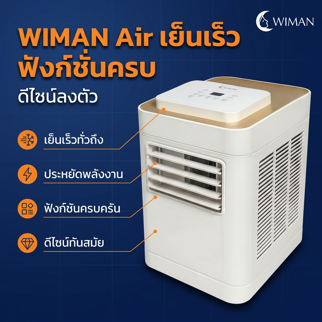แอร์เคลื่อนที่ 12000 บีทียู กำลังสูง เหมาะห้องขนาดกลาง 20‑30 ตร.ม. ติดตั้งง่ายไม่ต้องเจาะผนัง คุณภาพสูง ราคาพิเศษ - วิมานแอร์ Wiman Air [wimanair_portable ac 12000 btuproduct_280126_1306]
