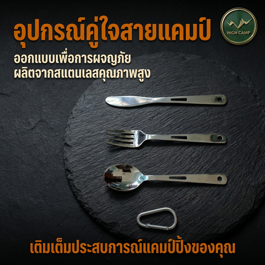 ชุดช้อนส้อมมีดพกพาสำหรับแคมป์ปิ้ง สะดวกในการจัดเก็บ พร้อมพวงกุญแจเพื่อป้องกันการสูญหาย มาตรฐาน จัดส่งฟรี - Highcamp [Highcamp_อุปกรณ์คู่ใจสายแคมป์ออกแบบเพื่อการผจญภัยผลิตจากสแตนเลสคุณภาพสูง_26]