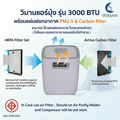 WIMAN HEPA Filter แผ่นกรองอากาศ 1 ชุด มี 2 แผ่น ( Hepa PM2.5 & คาร์บอน ) สำหรับแอร์ 3000 บีทียู มาตรฐาน ราคาพิเศษ - wiman [วิมานแอร์มุ้ง_รุ่น_3000_btu_พร้อมแผ่นฟอกอากาศ_PM25_050226_1337]