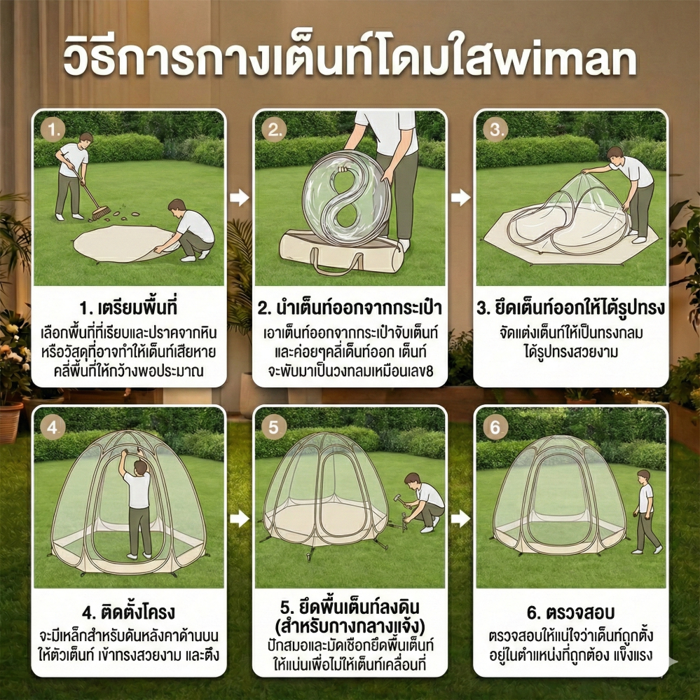 WIMAN โดมใส (Clear Dome Tent) — 3 m / 3.5 m กางง่ายด้วยสปริง คุณภาพสูง ราคาพิเศษ - วิมานแอร์ Wiman Air [Gemini_Generated_Image_af188aaf188aaf18]