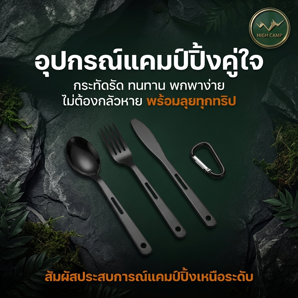 ชุดช้อนส้อมมีดพกพาสำหรับแคมป์ปิ้ง สะดวกในการจัดเก็บ พร้อมพวงกุญแจเพื่อป้องกันการสูญหาย มาตรฐาน จัดส่งฟรี - Highcamp [Highcamp_อุปกรณ์แคมป์ปิ้งคู่ใจกระทัดรัดทนทานพกพาง่ายไม่ต้องกลัวหายพร้อมลุยทุกทริป_25]