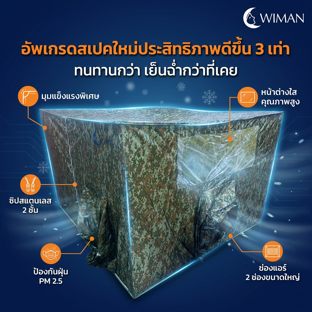 มุ้งแอร์ลายพราง 4/5/6 ฟุต ผ้าดี ระบายอากาศดี ใช้กับแอร์ทุกขนาด สีเข้ากับธรรมชาติและทหาร มาตรฐาน คุณภาพสูง - วิมานแอร์ Wiman Air [wimanair_portable ac 18000 btuproduct_310126_1355]