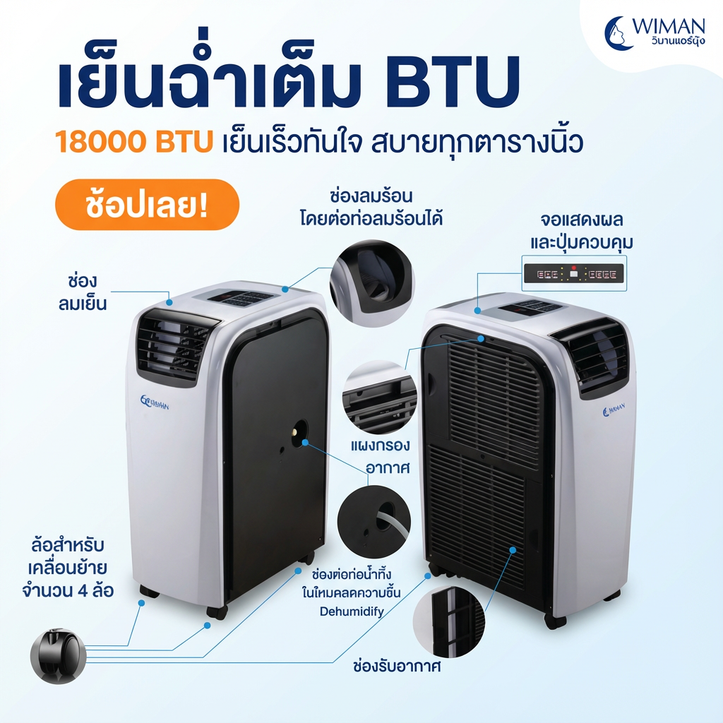 แอร์เคลื่อนที่ 18000 บีทียู สำหรับพื้นที่ 30‑40 ตร.ม. เย็นแรง ใช้งานต่อเนื่อง มาตรฐานความปลอดภัย ราคาพิเศษ คุณภาพสูง - วิมานแอร์ Wiman Air [wimanair_เย็นฉ่ำเต็มBTU18000BTUเย็นเร็วทันใจสบายทุกตารางนิ้ว_25]