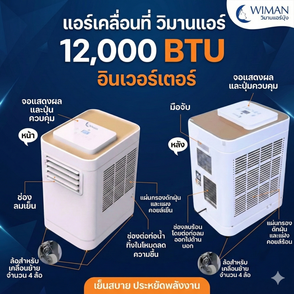 แอร์เคลื่อนที่ 12000 บีทียู กำลังสูง เหมาะห้องขนาดกลาง 20‑30 ตร.ม. ติดตั้งง่ายไม่ต้องเจาะผนัง จัดส่งฟรี ราคาพิเศษ - วิมานแอร์ Wiman Air [2]